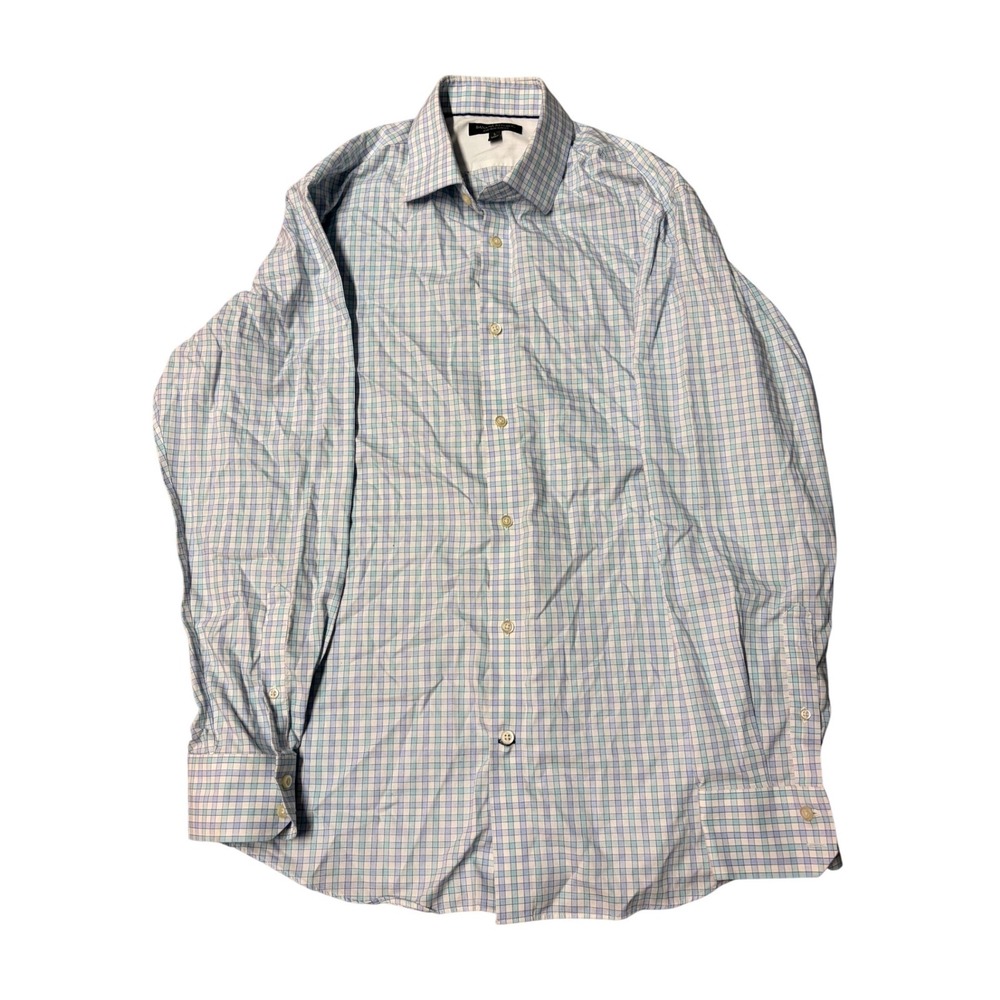 Banana Republic Mens Non-Iron Slim Fit Plaid Button Down Shirt Blue White Large‎